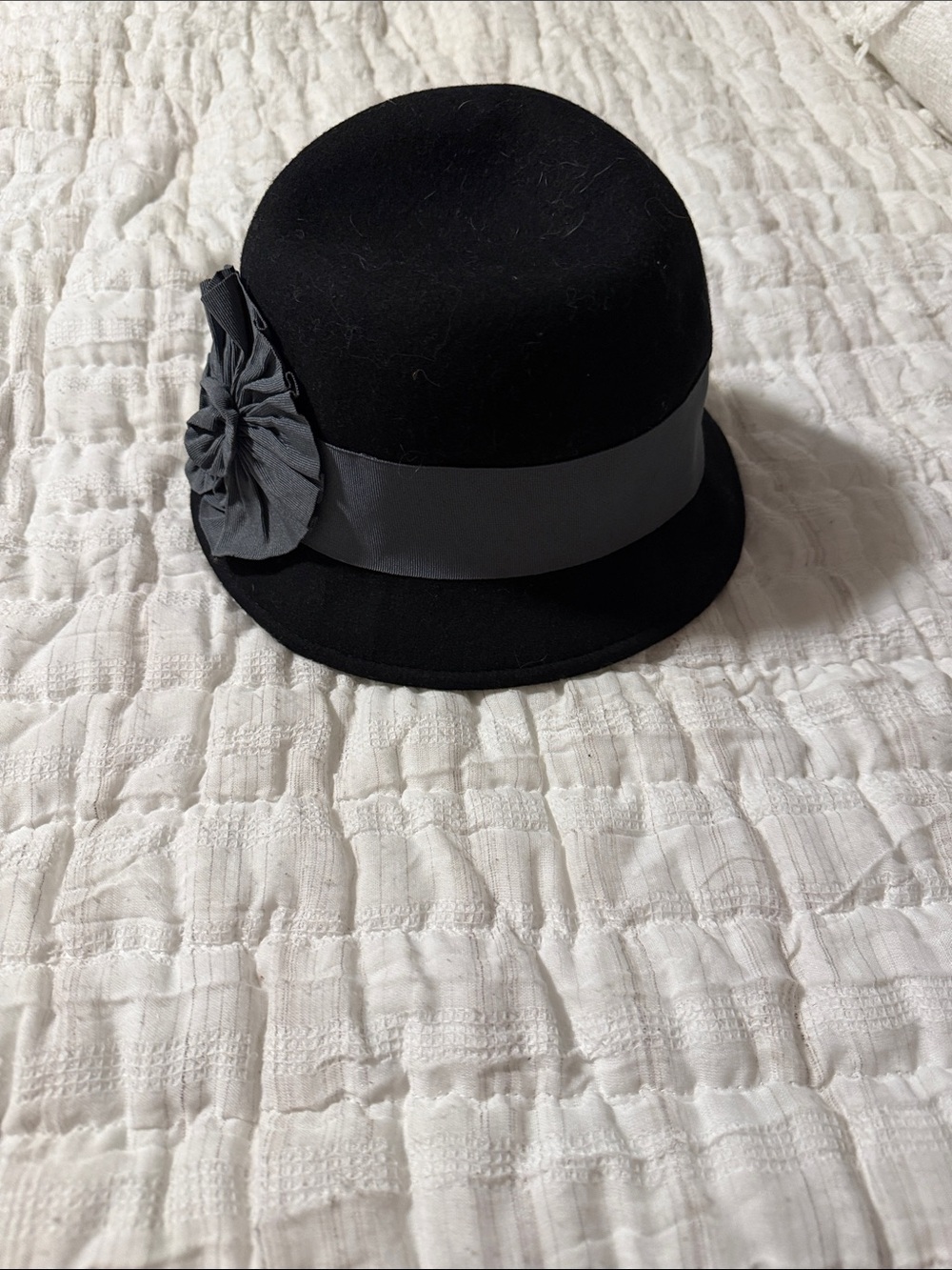 Black Cloche Hat with Gray Ribbon & Rosette
